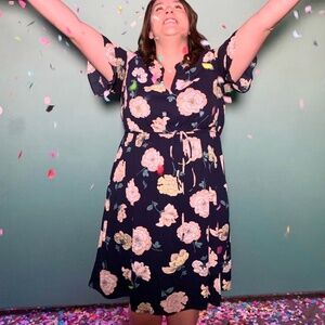 Loft Outlet - Navy Blue A-Line Midi Dress w. Pink & Yellow Flowers - Size XL